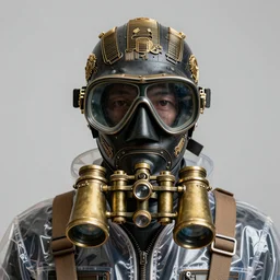 classy sophisticated very up close portrait of a mysterious retro diving mask black humanoid ， wearing transparent plastic jacket, four telescope brass ， wwii style ， golden ratio ， hyperrealistic ultradetailed ， ultra detailed wire decoration ， fantasy art ， chinese style ， by nixeu and guweiz and ilya kuvshinov and brian sum