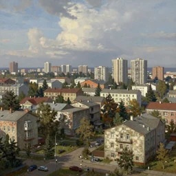 Cyberpunk russian paneled suburbs, hyperrealism, no blur, 4k resolution, ultra detailed, style of John Berkey, Norman Rockwell, Hans Thoma, Ivan Shishkin, Vereschagin, Thomas Kinkad