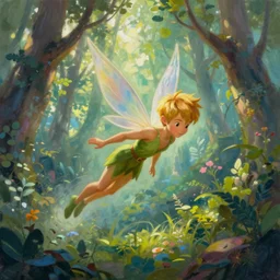 Peter pan and Tinkerbell flying through a beautiful fantasy forest, trending on artstation, painterly style, concept art, oil painting