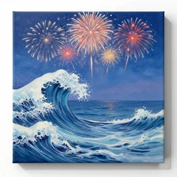 a painting of waves in the ocean with fireworks in the background, canvas, acrylic paint, by andy warhol, by akihito yoshida, pixiv
