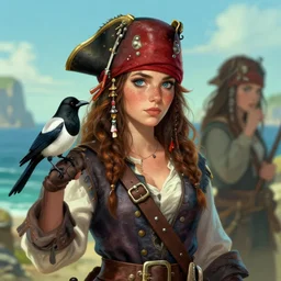 freckled mediterranean pirate girl with her pet magpie, seaside backgroud, young adult fantasy novel, art by chengwei pan, art by viktoria gavrilenko, detailed, intricate, trending on artstation