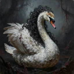 hyperrealistic evil swan demon with long curly feathers, gritty horror oil painting, ultra detailed and disturbing