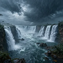 the surface of an alien planet on a rainy day with waterfalls, art, high detail, high definition, 8k, cinematic,
