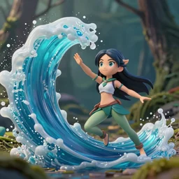katara from avatar as nendoroid is summoning a giant wave from a like in a forest! in the croods movie style, anime, disney, pixar, 8 k, hd, dof, kodak film, volumetric lighting, subsurface scattering, photorealistic, octane render, details