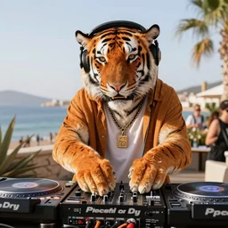 anthropomorphic dj tiger playing a set at ibiza, wearing headphones, turntables, trendy