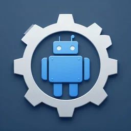 a vectorized, 3 d, blue - grey gear, robot icon, depth