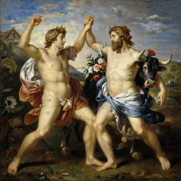 a painting of beautiful europe getting kidnapped by zeus disguised as a bull with flowers around its neck, europa, realism