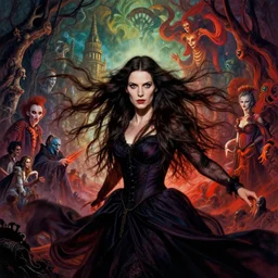 portrait of witch, long brunette hair, richard avedon and martin schoeller, id magazine, ragnarok epic lovecraft scene, weird, strange, surreal, david cronenberg, kilian eng vibrant colours, billowing, dramatic, dynamic lighting, intricate, detailed, beksinski, dan mumford, artstation, greg rutkowski, sharp focus, motion, photoreal, 8 k