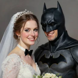 beautiful lifelike painting of martin shkreli and the batman happily married, hyperreal detailed facial features and uv lighting, art by ed roth and basil wolverton