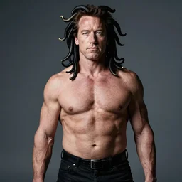 arnold schwarzenegger as medusa. very muscular. studio photography, formal portrait.