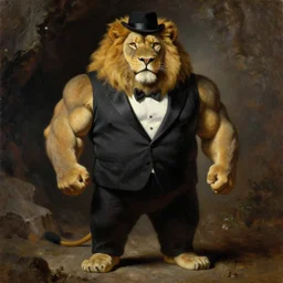 oversized muscular lion as CEO in tuxedo and hat, human legs full body portrait pose , very textured detailed oil painting by rembrandt , hard backlight , in dark cave