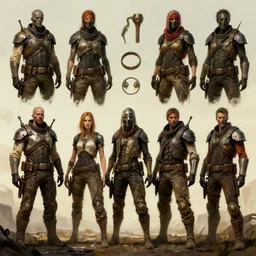 post - apocalyptic rpg party lineup, concept art, persona, fallout, wasteland gear, painterly