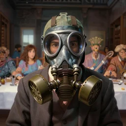 last supper in gas masks. high angle closeup portrait, blurry background of the library, disney, pixar, bloom, medium shot, dramatic lighting, in the style of studio ghibli, j. c. leyendecker, greg rutkowski, artgerm
