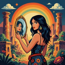 psychedelic illustration of woman holding mirror in front of ancient city, faile style, shep fairey, obey giant