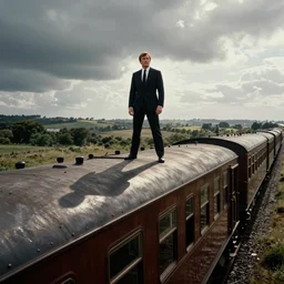 James Bond stands on top of the roof of a moving train, scene from a James Bond film