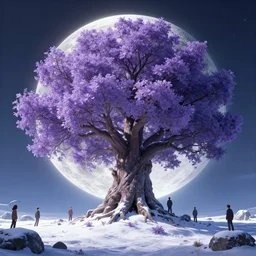 giant tree in snow with purple flowers on surface of the moon, unreal engine, fantasy art by greg rutkowski, loish, rhads, ferdinand knab, makoto shinkai and lois van baarle, ilya kuvshinov, rossdraws, tom bagshaw, global illumination, radiant light, detailed and intricate environment