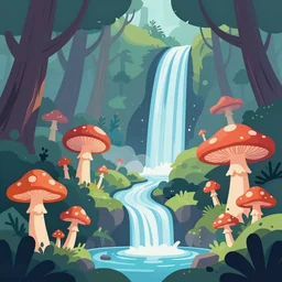 psychedelic mushrooms, enchanted forest, waterfall, wide angle shot, vector art, illustration by frank frazetta and salvador dali