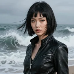 photorealistic rolling, crashing waves, youthful asian blade runner demure, ultra realistic, 3 5 mm, exquisite features, feminine cut, pris mascara, highly detailed, 2 0 4 9's frontiers in flight leather suit, detailed face, 8 k, smoke, grain, misty, stephane sednaoui, ultra realistic, id magazine photoshoot