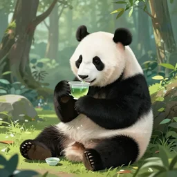 a panda drinking tea in a fantasy forest