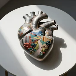 heart modern sculpture, on the table, artwork, top view,