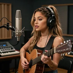 ariana grande in a studio recording music, cinematic composition, detailed, hd