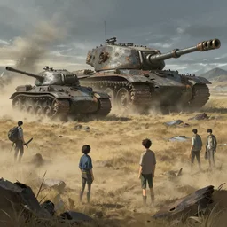 concept art of a dusty field with ruined dieselpunk orcish tanks in the background, key visual, ambient lighting, highly detailed, digital painting, artstation, concept art, sharp focus, by makoto shinkai and akihiko yoshida and hidari and wlop