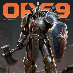 a large cyberpunk paladin in rounded heavy plate armor with large shoulder pads and a spartan helmet and a very large shield he is holding a large axe in a cyberpunk setting, 1 9 6 9 omni magazine cover, style by vincent di fate, artgerm, cyberpunk 2 0 7 7, very coherent, detailed, 8 k resolution, unreal engine, daz
