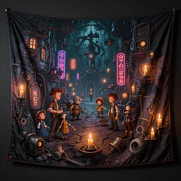 tapestrie of a dream, ultra detailed, dark, steampunk, moody, candles, neon signs, characters from machinarium, by don bluth, trending on artstation, octane render