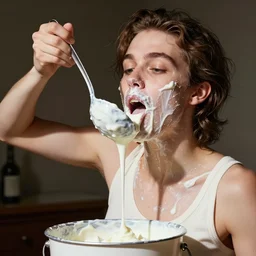 markiplier slurping from a bucket of cream using a ladle, but spilling it all over his face and abs