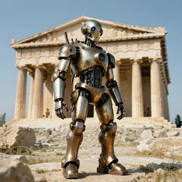 a steampunk robot stands in front of a greek temple