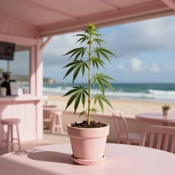 idyllic cannabis in a pot, australian beach cafe bleached colors by edward hopper