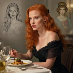jessica chastain eating dinner, character sheet, character design, contrast, deep focus, turnaround, highly detailed, dramatic lighting, digital painting, artstation, concept art, matte, sharp focus, illustration, elegant, art by artgerm and greg f and alphonse mucha.