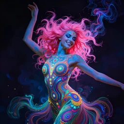 psychedelic [ chemiluminescence ] [ [ [ smiling ] ] ] dancing elegant woman chakra spirit, winking one eye, with pink hair smoke and fluid dynamics, colorful, psychedelic, ornate, intricate, digital painting, concept art, smooth, sharp focus, illustration, blacklight reacting, art by artgerm and greg rutkowski