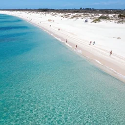 an aerial drone photo of a busy white sands beach and clear blue waters, fine art photography, trending on Instagram, water caustics