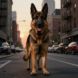 the german shepherd of i am legend in new york, graphic novel style, octane render, unreal engine, sundown, empty streets