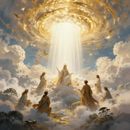 realistic detailed view of heaven by terance james bond, russell chatham, greg olsen, thomas cole, james e reynolds, photorealistic, fairytale, art nouveau, white light, gold color, illustration, concept design, storybook layout, story board format
