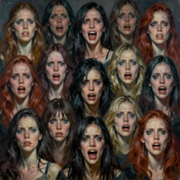 A painting of a chaotic pattern of realistic hysterical women portraits, each with a different facial expression of madness by harris nukem, ruan jia, pollock, marjorie cameron, 35mm, f2.8, nikon, expressive brush, breathtaking render, unreal engine, william Godward, cyberpunk, blessed by eris, chaos, punk, terror, insane composition