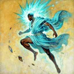 african man warrior, cyan spike aura in motion, flowing robes, floating pieces, painted by art by tsuyoshi nagano, greg rutkowski, artgerm, alphonse mucha, spike painting