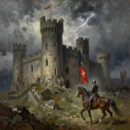 gothic castle ruins, a knight passing by on horseback holding a red flag with a golden cross on it, thunderstorm, oil painting,