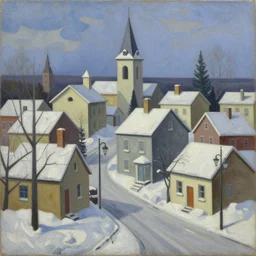 small town in winter by jeffrey smith, cubism!!!, 3 d depth, oil on canvas, trending art station, masterpiece