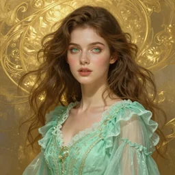 Portrait of dreamy and ethereal women with light green eyes wearing mint green ornate frilly dress, peaceful expression, fantasy, intricate, elegant, beautiful, digital art, beautiful dynamic lighting, golden ratio, highly detailed, digital painting, trending on artstation, concept art, smooth, sharp focus, illustration, photo realistic, art by artgerm and greg rutkowski and alphonse mucha 8K