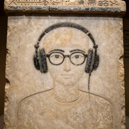 person in glasses and wearing over-ear headphones inscribed on the wall of a tomb in egypt, historical, artifact, marble, stone, national geographic, relic