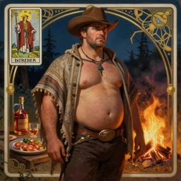 a dramatic, epic, ethereal painting of a handsome! thicc shirtless cowboy beer belly wearing a poncho | background is a late night campfire with food and jugs of whisky | tarot!! card, art deco, art nouveau | by Mark Maggiori | trending on artstation