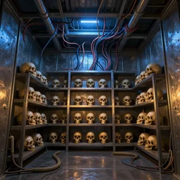 worms eye view of a metal room with wires and cables coming out of the top of the ceiling, blue light, a bookshelf filled with trophy skulls on the wall, dramatic lighting, moody lighting, golden ratio, rule of thirds, matte painting, concept art, illustration, environmental art, environmental design,