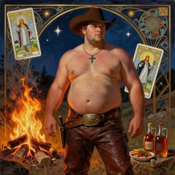 a dramatic, epic, ethereal painting of a handsome thicc chubby shirtless cowboy with a beer belly wearing a large belt and leather pants | background is a late night campfire with food and jugs of whisky | homoerotic | fire, flames, stars, tarot card, art deco, art nouveau, mosaic, intricate | by Mark Maggiori | trending on artstation