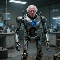 bernie sanders building a scifi doomsday robot, cinematic moody lighting, sharp focus, dirty laboratory, imax, neill blomkamp mvie still