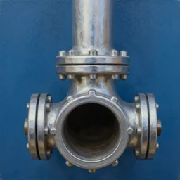 A a shiny old silver pipe from the front view in the foreground and a blue background behind the pipe, Realistic, Hyperrealistic, Highly Detailed, Very Detailed, HD Quality, 8k Resolution, Digital Art, Oil Painting, Trending on Artstation, Real Life