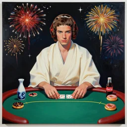 single man in a ivory kimono, sitting at an extremely detailed poker table with the detailed princess leia, sake, coca cola, donuts, on the table, fireworks and stars on the background, by andy warhol, canvas, acrylic paint, dark dull palette, masterpiece, 4 k, ultra - hd
