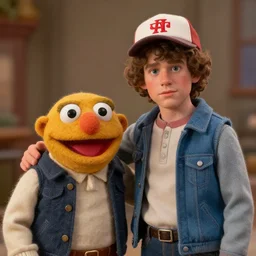 a still of dustin henderson gaten matarazzo wearing a cap as a muppet in stranger things. highly detailed felt. hyper real photo. 4 k.