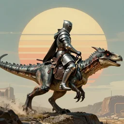 a knight riding on the back of a raptor, retro, futuristic, sci fi